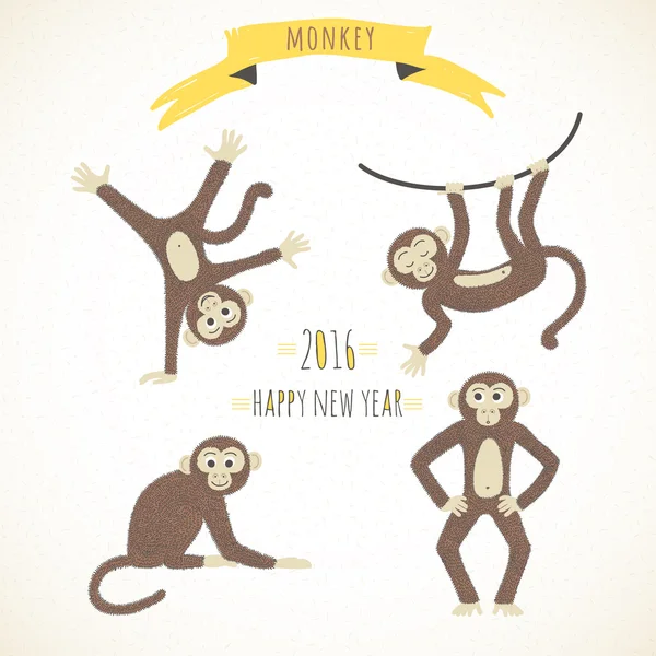 Uppsättning av söta roliga apor i en tecknad stil. Symbol för 2016 — Stock vektor