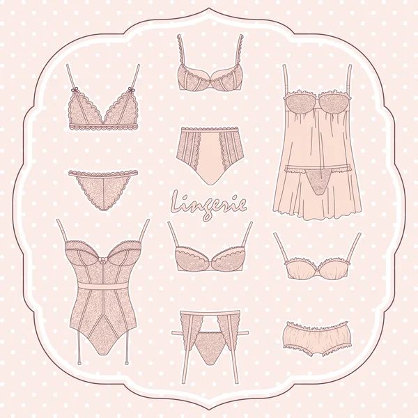 Conjunto de lingerie. Desenho manual. Estilo romântico. Vector illustrati — Vetor de Stock