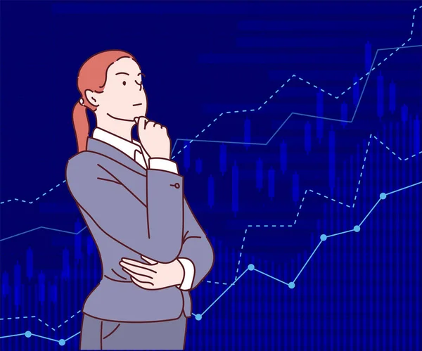 Succès Jeune Femme Commerçante Affaires Trading Graphique Investissement Boursier Vente — Image vectorielle