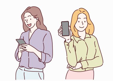 Young smiling business woman using smartphone. Hand drawn in thin line style, vector illustrations.