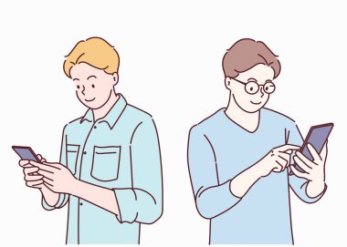 Akıllı telefon kullanan genç bir adam. Sosyal medyada sohbet ediyor. İnce çizgi şeklinde çizilmiş el, vektör çizimleri.