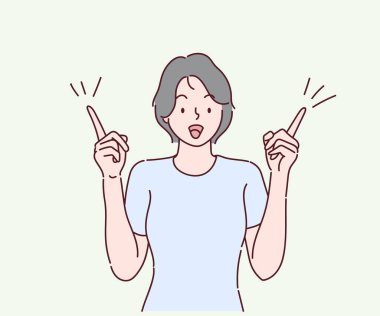 Excited young woman pointing fingers up at copy space isolated, ointing index fingers up commercial area. Hand drawn in thin line style, vector illustrations.