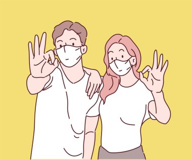 Young man and woman are wearing face mask and showing OK sign, smiling and confident. Hand drawn in thin line style, vector illustration. (A Mask can be removable)