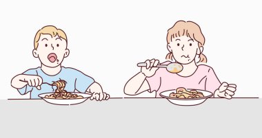 Little boy and little girl are eating spaghetti. Hand drawn in thin line style, vector illustration.
