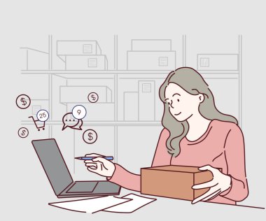 Starting small businesses SME owners female entrepreneurs check online orders to prepare to pack the boxes, business shopping online concept. Hand drawn in thin line style, vector illustrations.