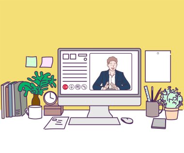 Video conference screen. Video conferencing and online meeting workspace, stay and work from home. Hand drawn in thin line style, vector illustrations.