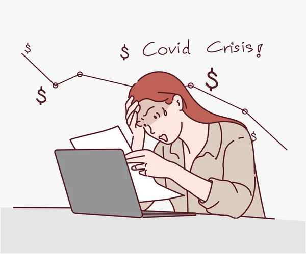 Young woman holding papers calculate domestic bills at home worried about bankruptcy financial problem, Covid Crisis. Hand drawn in thin line style, vector illustrations.