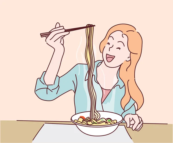 Ung Kvinna Äter Nudlar Kinesisk Restaurang Hand Dras Tunn Linje — Stock vektor