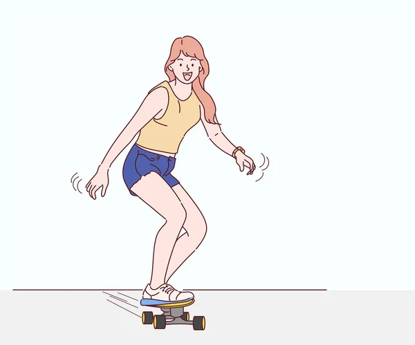 Счастливые Молодые Женщины Играют Серфинг Скейт Парке Утреннее Время Ручная — стоковый вектор