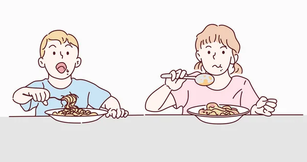 Little Boy Little Girl Eating Spaghetti Hand Drawn Thin Line — ストックベクタ