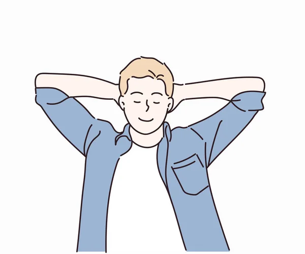 Time for relax, Relaxed young man in casual blue shirt. People sincere emotions lifestyle concept. Hand drawn in thin line style, vector illustrations.