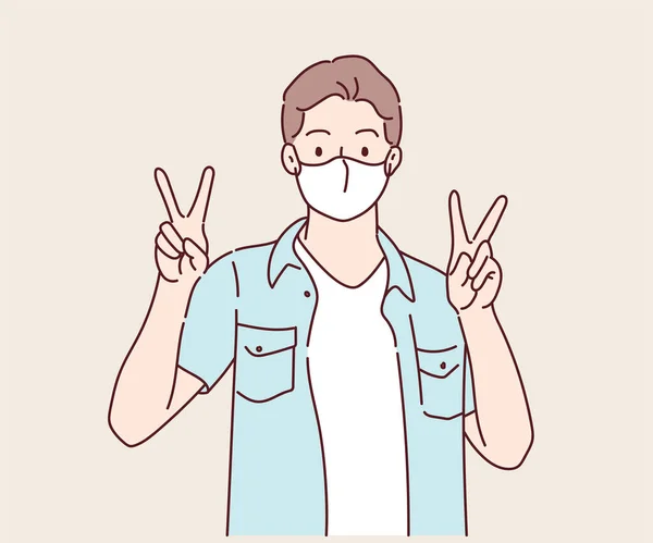 Happy Young Man Surgical Medical Mask Victory Confident Hand Sign — Διανυσματικό Αρχείο