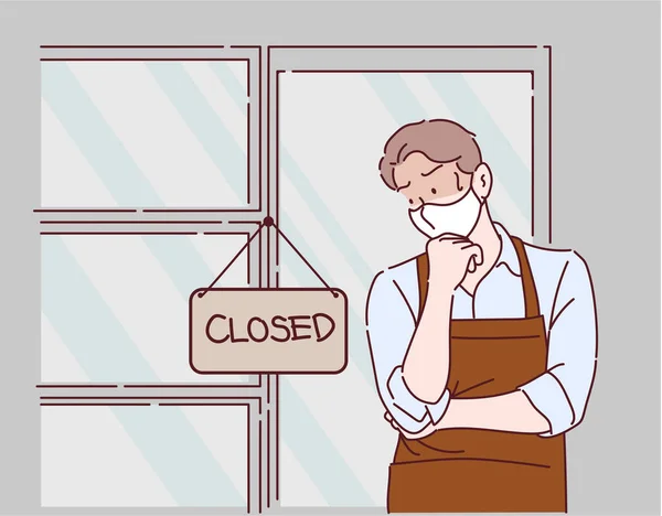 Бизнесмена Грустное Настроение Закрытой Вывеской Висящей Двери Кафе Вирусной Инфекции — стоковый вектор