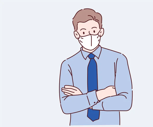 Junger Geschäftsmann Hemd Mit Gesichtsmaske Zum Schutz Vor Coronavirus Handgezeichnet — Stockvektor