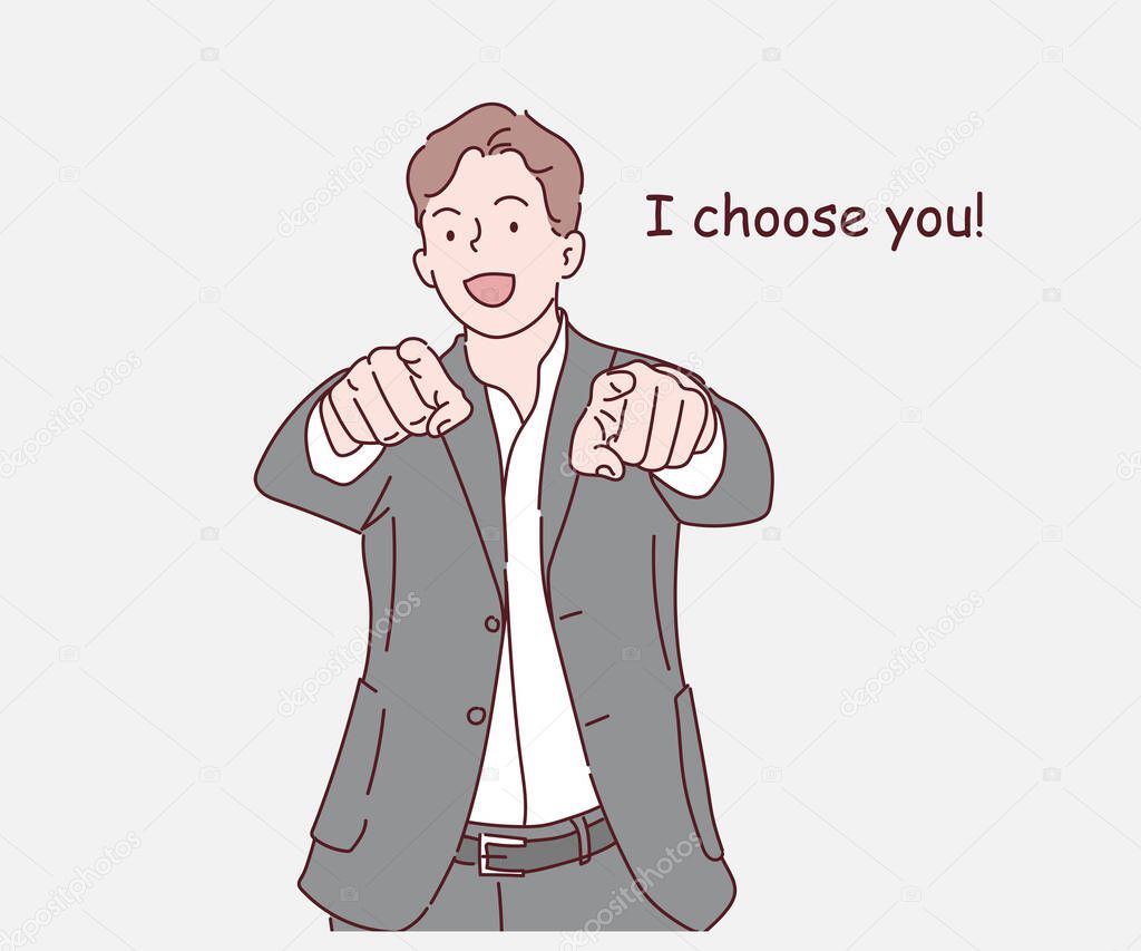 I choose you and order. The smiling business man point you and want you. Hand drawn in thin line style, vector illustration.