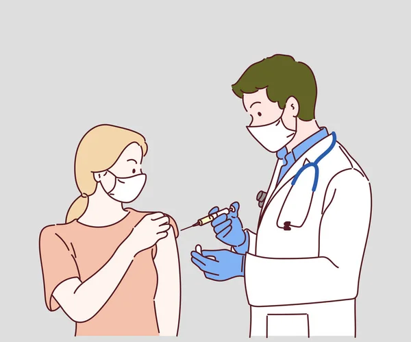 Médecin Professionnel Injectant Vaccin Covid Une Femme Clinique Femme Recevant — Image vectorielle