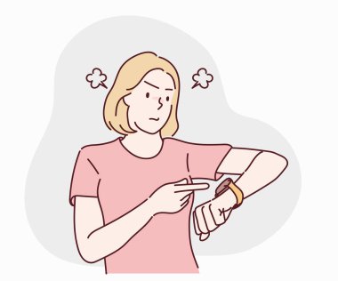 Time management, Deadline concept. Work delay or project deadline. woman is angry because of being late. She is showing time on his watch. Hand drawn in thin line style, vector illustrations. clipart