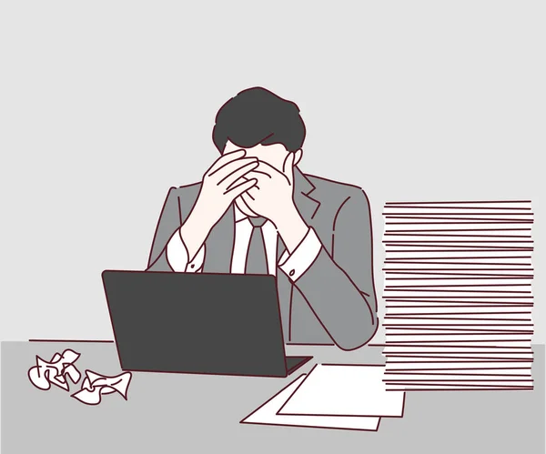 Burnout Overload Overwork Concept Stressed Businessman Concerned Hard Online Task — Stockový vektor