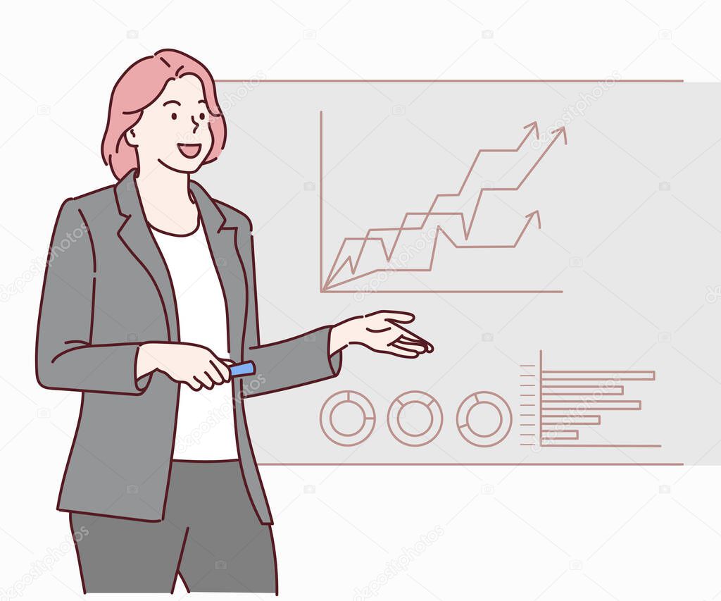 Confident business woman uses interactive screen makes report to a group of meeting, she shows statistics, growth and analysis. Hand drawn in thin line style, vector illustrations.