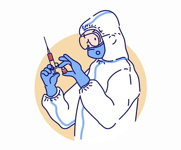 防護服を着た医者とマスクは注射器とワクチンを持っている ウイルス対策の概念 細い線画で手描き ベクトルイラスト — ストックベクタ