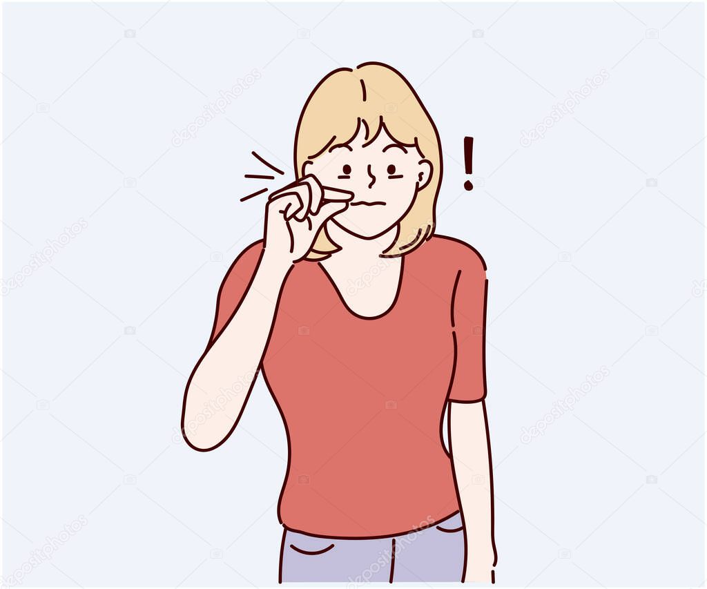 Young woman zips her mouth shut, promises to keep secret. Silence and secret concept. Hand drawn in thin line style, vector illustrations.