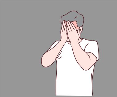 Bir erkek, ağlarken yüzünü ellerle kapatan üzgün bir ifadedir. İnce çizgi şeklinde çizilmiş el, vektör çizimleri.