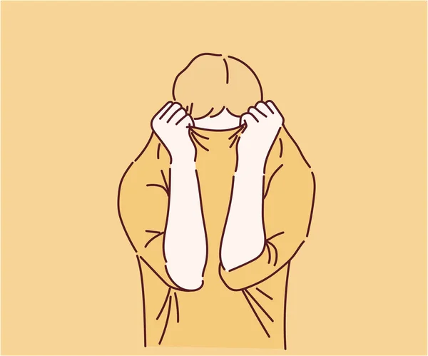 Çocuk üzgün ve utanmıştı. Kafasını gömleğin içine sok. İnce çizgi şeklinde çizilmiş el, vektör çizimleri. 