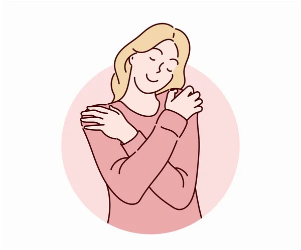 Jovem Mulher Abraçando Com Emocional Apreciando Rosto Mão Desenhada Estilo — Vetor de Stock