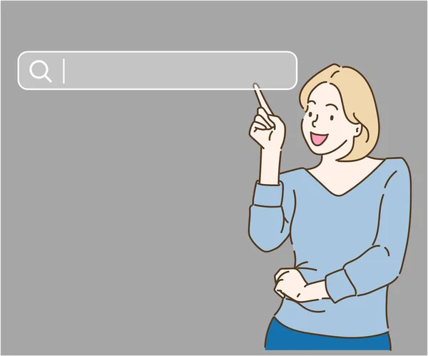 Bilgisayar ekranında internet arama sayfasına tıklayan genç bir kadın. İnce çizgi şeklinde çizilmiş el, vektör çizimleri.