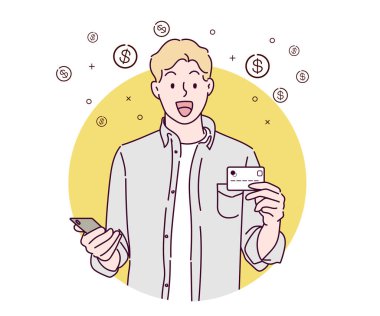 Gülümseyen adam akıllı telefonu ve kredi kartını elinde tutuyor, para ödülü kazanmak için el kol hareketi yapıyor. İnce çizgi şeklinde çizilmiş el, vektör çizimleri.