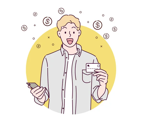 笑顔の男は スマートフォンやクレジットカードを保持し 彼は賞金を獲得するための成功をジェスチャー 細い線画で手描き ベクトルイラスト — ストックベクタ