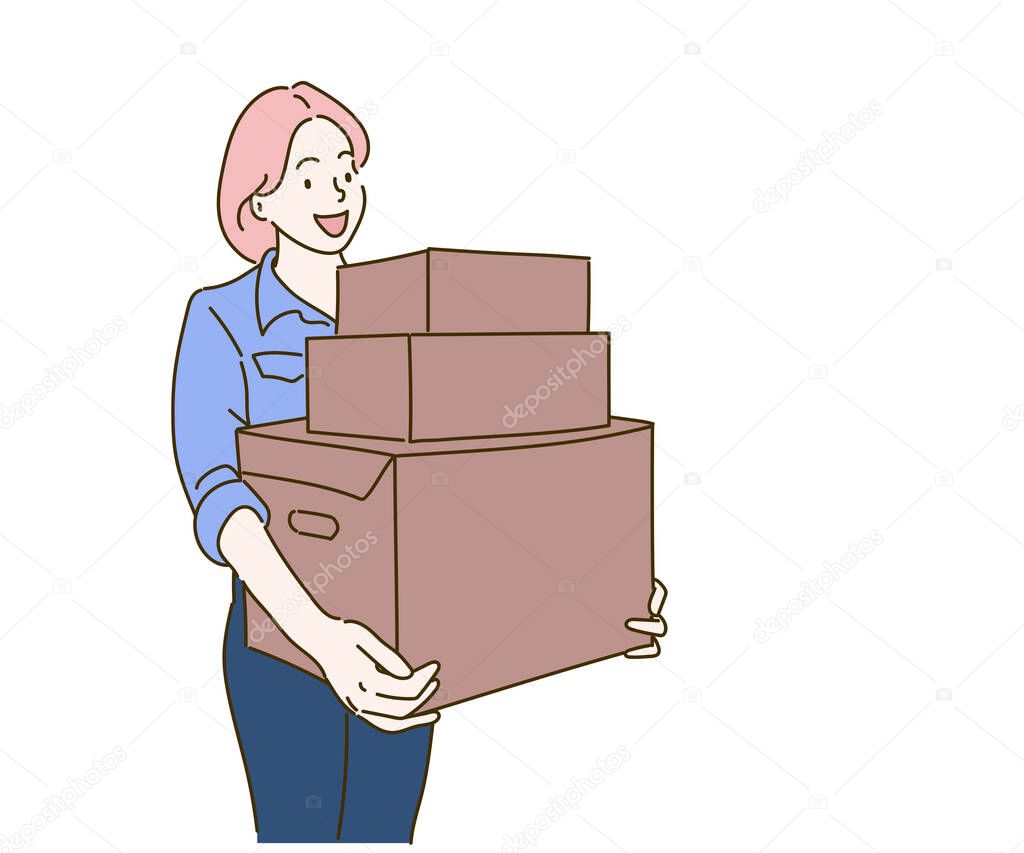 Delivery woman staff holding parcel boxes. Delivery courier and shipping service concept. Hand drawn in thin line style, vector illustrations.