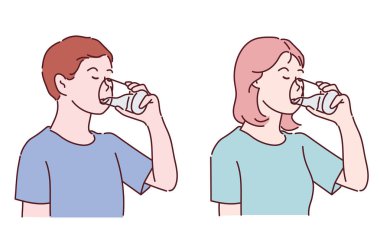 Genç bir oğlan ve bir bardak su içen kız. İnce çizgi şeklinde çizilmiş el, vektör çizimleri.