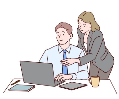 Ortaklar dizüstü bilgisayarda buluşmada belgeleri ve iş fikirlerini tartışıyor. İnce çizgi şeklinde çizilmiş el, vektör çizimleri.