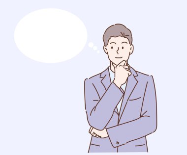 Gri takım elbiseli genç işadamı, düşünüyor ya da hayal kuruyor. İnce çizgi şeklinde çizilmiş el, vektör çizimleri.