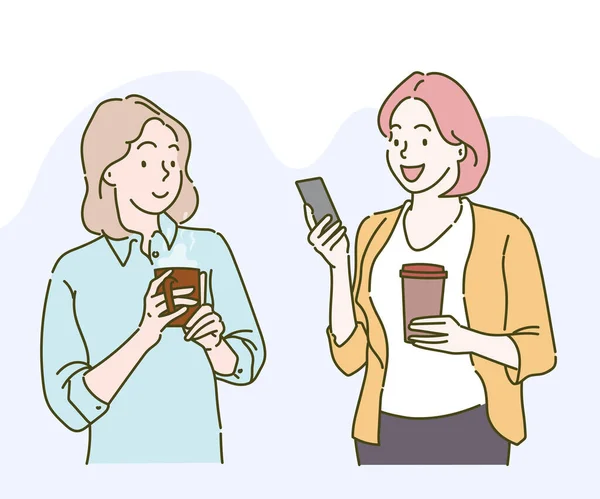 Γυναίκα Μιλάει Στο Smartphone Και Κρατάει Καφέ Χέρι Ζωγραφισμένο Λεπτό — Διανυσματικό Αρχείο