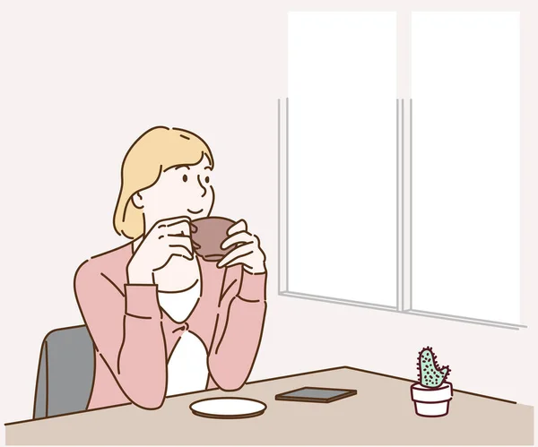 美しい若い女性が朝コーヒーを飲んでいる 細い線画で手描き ベクトルイラスト — ストックベクタ