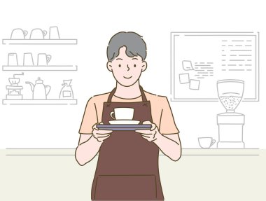 Kahve işi konsepti. Çocuk kahve yapıyor ve kafede sıcak kahve servis ediyor. İnce çizgi şeklinde çizilmiş el, vektör çizimleri.