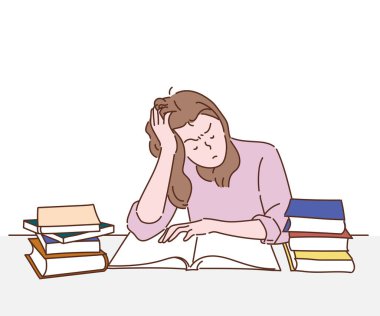 Evde ders çalışan sıkıcı bir kadın. Öğrenci öğrenimi ve evde çalışma. İnce çizgi şeklinde çizilmiş el, vektör çizimleri.