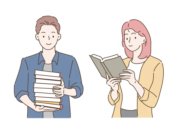 Pria Dan Wanita Memegang Buku Siswa Membaca Buku Tangan Tangan - Stok Vektor