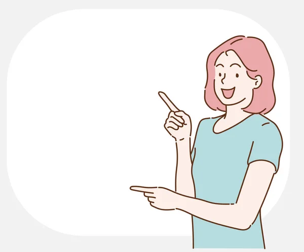 Neşeli kadın fotokopi alanını işaret ediyor. İnce çizgi şeklinde çizilmiş el, vektör çizimleri.