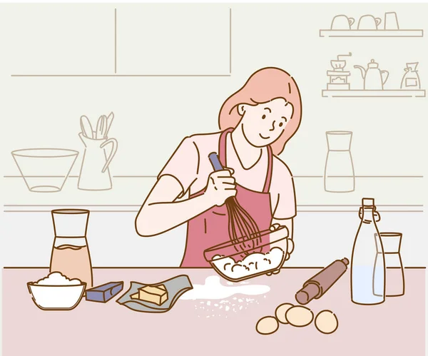 Una Giovane Donna Attraente Sta Facendo Torta Una Cucina Accogliente — Vettoriale Stock
