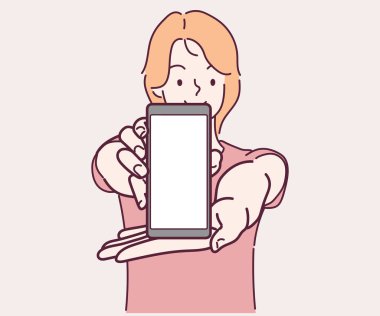 Boş akıllı telefon ekranı gösteren bir kadın. İnce çizgi şeklinde çizilmiş el, vektör çizimleri.