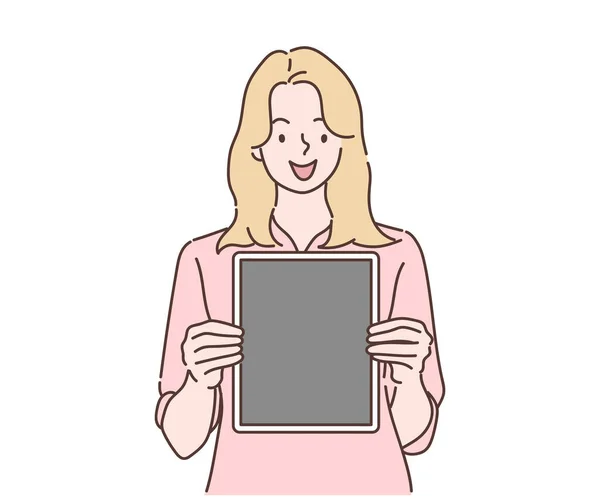 Šťastná Žena Ukazující Prázdnou Obrazovku Tabletu Ručně Kreslené Tenkém Provedení — Stockový vektor