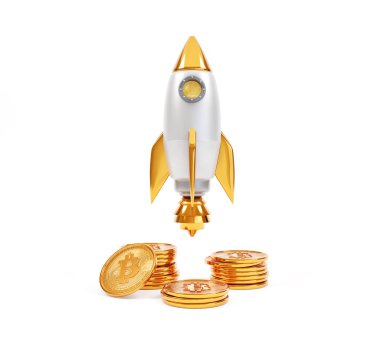 Beyaz zemin üzerinde izole edilmiş, kripto para birimi konsepti olan roket fırlatılan bitcoin sikkeleri. 3d oluşturma