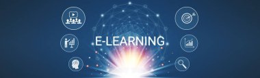 Elektronik cihazlar, öğretim kavramları ve web sayfaları, çevrimiçi kurslar yoluyla evden öğrenme (yeni normal) İnternet Eğitim Teknolojisi. Web sitesi için pankart boyutu