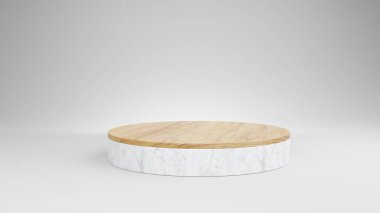 Geometrik Tahta Taş ürün görüntüsü veya vitrin beyazı arkaplan, podyum sunumu için minimalist model veya tasarım için fotokopi alanı ile platform ürün şablonu kavramı. 3B görüntüleme.