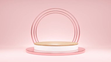 Pembe Daire Geometrik Ürün Sergisi veya Vitrin, Podyum sunumu için minimalist model veya tasarım için fotokopi alanı olan platform ürün şablonu kavramı. 3B görüntüleme