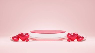 Sevgililer Günü Kırmızı ve Beyaz Minimalist Model Podyumu, Pembe arka planda Şablon veya platform ürün şablonu konsepti için vitrin kaidesi. 3B görüntüleme