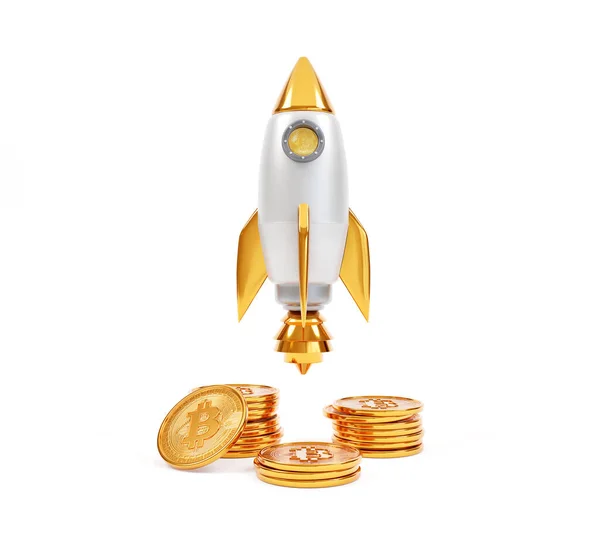 Beyaz zemin üzerinde izole edilmiş, kripto para birimi konsepti olan roket fırlatılan bitcoin sikkeleri. 3d oluşturma